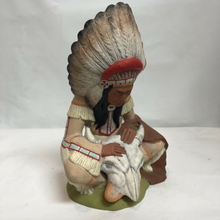 Native American Indian Chief Statue Provincial Mold Signed 93 Ceramic Bull Scull