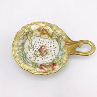 Vintage Hand Painted Porcelain China Tea Strainer Floral Gold