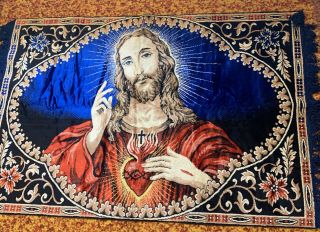 Vintage Velvet Wall Tapestry Hanging Rug Jesus Sacred Heart Large 60” X 38”