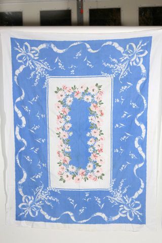 1950s Print Tablecloth Blue White Floral Ribbon Design 64 X 50 Mcm Retro Kitchen