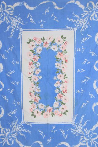1950s Print Tablecloth Blue White Floral Ribbon Design 64 x 50 MCM Retro Kitchen 2