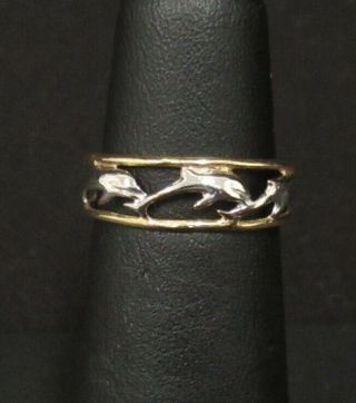 Vintage Gold Solid 10k Yellow / White Gold Toe Ring With Dolphins Design.  Size 3