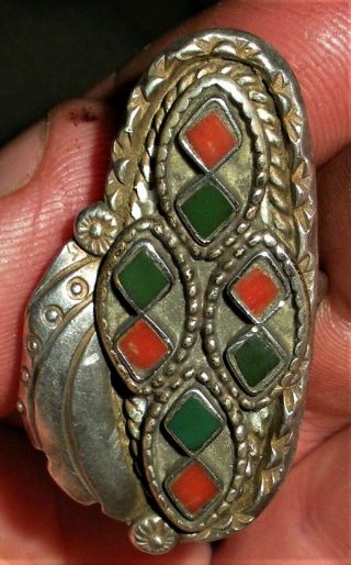Vintage Navajo Coral Turquoise Sterling Silver Ring Signed Herbert Ping Vafo