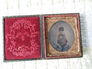 Civil War Cased,  Union Soldier,  With Kepi,  Setting In A Chair,  Blueish Pants