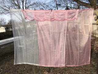 Vtg Retro Curtain Panels Window Valance 3 Pc Set Sheer Pink White Sheer 68wx72l