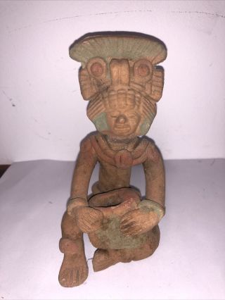 Pre - Columbian Mayan Aztec Crowned Pottery Statue Figure Clay