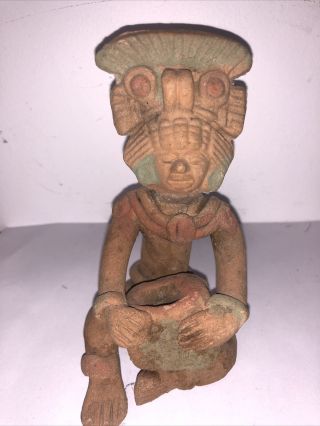 Pre - Columbian Mayan Aztec Crowned Pottery Statue Figure Clay 2