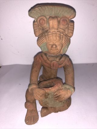 Pre - Columbian Mayan Aztec Crowned Pottery Statue Figure Clay 3
