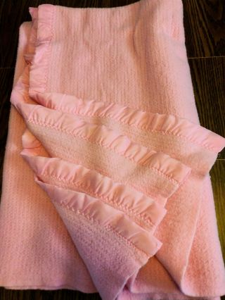 Vintage Waffle Weave Blanket Satin Trim Pink Thermal 79.  5 " X 63.  5 " No Tag