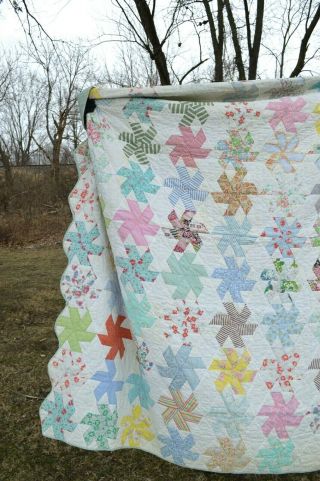 Vintage Feedsack Quilt.  80 X 73.  Cutter.  Pinwheel Style.  Hand Quilted.  Twin/full