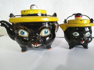 Vintage Redware Thames Tilso Black Cat Teapot And Creamer 1950 