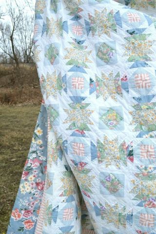 Vintage Cutter Quilt.  86 X 94 Hand Stitched.  Blue White Green Peach Floral