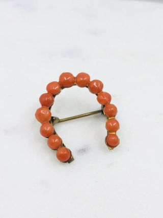 Natural Coral Pin Brooch Victorian Red Revival Horseshoe Lucky Vintage Authentic