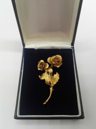 Vendome Gold On Sterling Silver Vermeil Double Rose Brooch Ruby Vintage 1940 