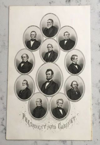 Antique Civil War Engraving Bookplate Print President Abraham Lincoln & Cabinet