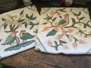 Vintage Pr Pillow Shams Covers With Crewel Work Birds Branches Pink Flowers