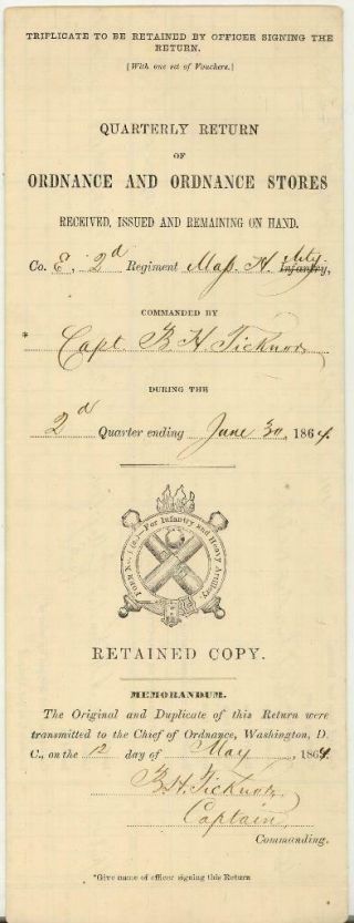 1864 Civil War Capt.  Ben H.  Ticknor Co.  E.  2nd Reg.  Mass.  Art.  Ordnance Sto.  Doc.