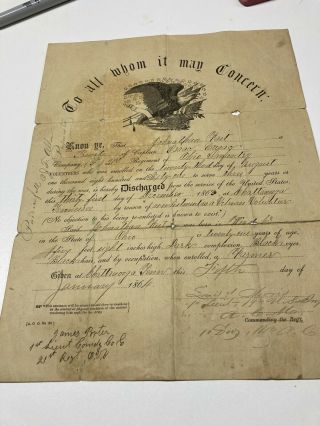 1864 Civil War Discharge Paper 21st Reg Ohio Infantry Jonathan Fast W/news Art