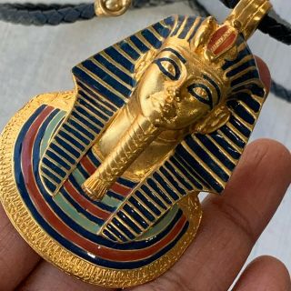 Vintage Egyptian Revival Gold Plated Enamel Pharaoh King Pendant Necklace