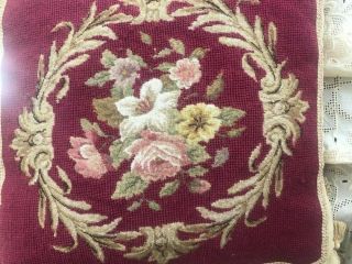 Vintage Wool Needlepoint Floral Tassels French Country Roses Throw Pillow 16 "