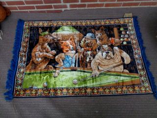 Vintage Tapestry Rug Or Wall Hanging Dogs Playing Pool Italy