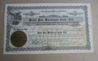 Old Vintage 1931 - Peter Pan Woodland Club Stock Certificate - Big Bear City Ca.