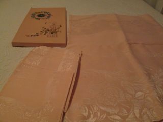 1950s Pink Damask Tablecloth 8 Napkins Box Roses 56 " X 86 " Cotton Blend