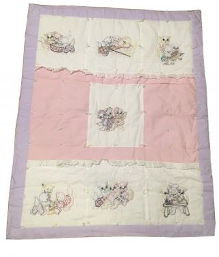 Vintage Handmade Embroidered Baby Crib Quilt With Kitty Cats Kittens Pink White