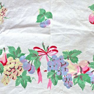 1940s Vintage Fruit Print Tablecloth Pink Blue Cherry Grape Raspberry Apple Pear