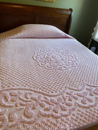 Vintage King Size Chenille Bedspread Soft Pink/dusty Rose - 104” X102”great Condit