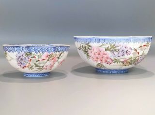 Set Of Two Vintage Chinese Eggshell Porcelain Bowls With Birds And Flowers