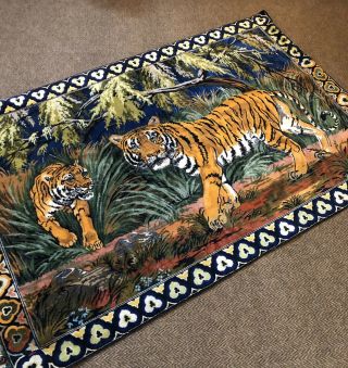 Large Vintage Boho 70’s Rug Wall Hanging Tigers Jungle Great Colors 74 X 48 2