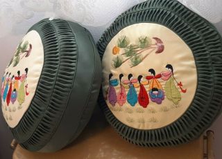 Vintage Mid - Century Round Throw Pillows Embroidered Asian 15in