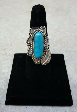 Size 8 1/2 Old Silver Turquoise Leaf Design Native American Indian Ring