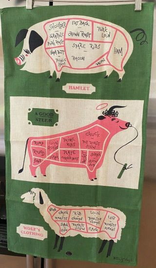 Vintage Tammis Keefe Tea Towel W/tag - Hamlet,  A Good Steer And Wolf 