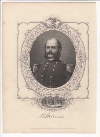 Civil War Union General Ambrose Burnside,  Engraving From M Brady Photo,  1862