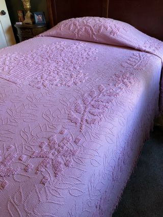 Vintage Sears Pink Cotton Chenille Bedspread Full /queen With Fringe - 124”x 104”