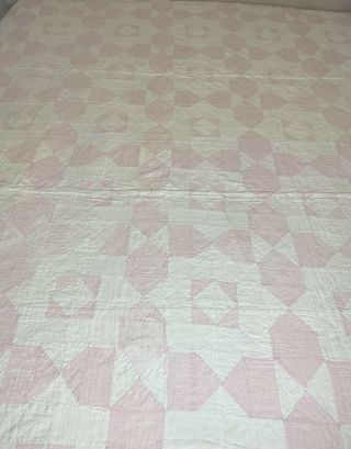 Vintage Handmade Cotton Patchwork Quilt 70” X 82” Pink And White Hand Quilted