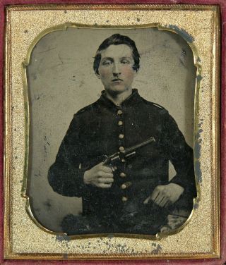 1860s Sixth Plate Civil War Tintype Photo Of Armed Union Army Artillery Soldier