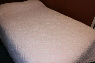 Vintage Light Pink W White Star Design Cotton Chenille Bedspread Double 90x102