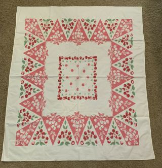 Vintage Pretty Cherry Fruit Pink Red Green Tablecloth 47x51”