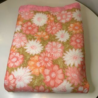 Vintage Floral Blanket Acrylic Polyester Throw Sofa Satin Trim Twin Pink 70s