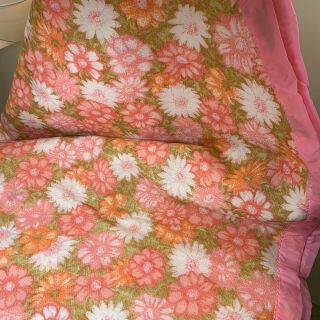 Vintage Floral Blanket Acrylic polyester throw sofa satin trim twin pink 70s 3