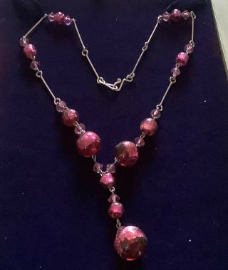 Vintage Art Deco Rolled Gold / Deep Pink Foil Glass Bead Drop Necklace C1930’s
