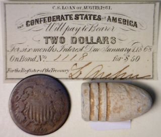 1861 Confederate Era $2 Intrest Note,  Civil War Bullet,  1864 Two Cent 2c Coin Nr