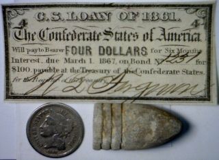 1861 Confederate Era $4 Interest Note,  Civil War Bullet,  1867 Three Cent Coin Nr
