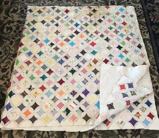 Vintage 1940s Multicolor Cathedral Window Quilt Handmade 100”x92” Big