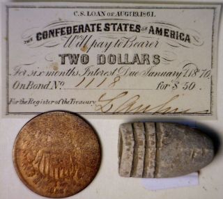 1861 Confederate Era $2 Intrest Note,  Civil War Bullet,  1865 Two Cent 2c Coin Nr