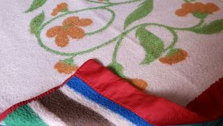 Vintage Wool Reversible Blanket,  Pink & Yellow Floral w Red Satin Trim 1940s 3