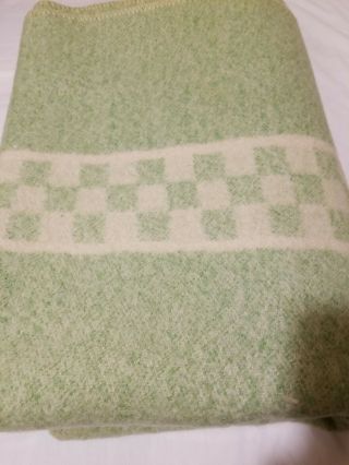 Vintage Heavy Wool Camp Blanket Green W/ Green White Check Stripe 54 " X 77 "